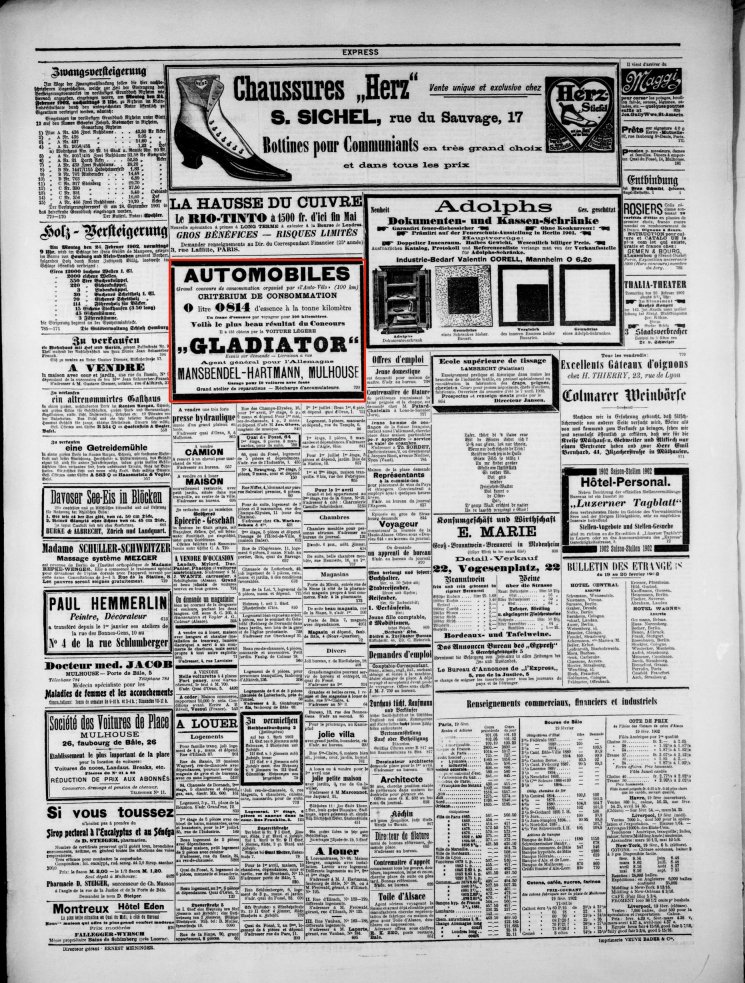 Journal L'Express de Mulhouse du 20 février 1902 (p.4) : automobiles Gladiator.